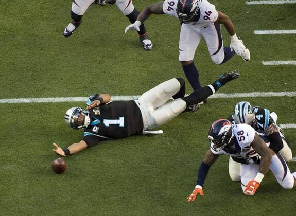 Feb. 7, 2016 - Santa Clara, California, USA - Panthers quarterback Cam Newton fumbles the ball which leads to a Denver touchdown in the first quarter in Super Bowl 50 on Sunday, Feb. 7, 2016 at Levi s Stadium in Santa Clara, Calif. Sacramento California News - Feb. 7, 2016 - ZUMAs76_