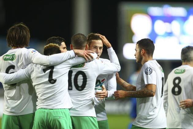 Fußball, Coupe de France, ESTAC Troyes - AS St. Etienne joie Oussama Tannane (Saint Etienne) et Nolan Roux (Saint Etienne) equipe FOOTBALL : ES Troyes AC vs AS St. Etienne - Coupe de France - 10 02 2016 - GwendolineLeGoffx 