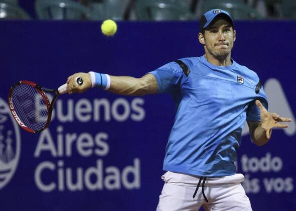 Serbian Dusan Lajovic in action against Austrian John Isner during their match of the ATP Tennis Herren Buenos Aires tennis tournament at the Buenos Aires Lawn Tennis Center, in Buenos Aires, Argentina, 10 February 2016. ATP Buenos Aires tennis tournament !ACHTUNG: NUR REDAKTIONELLE NUTZUNG!  BAS 20160211-635907642999418720