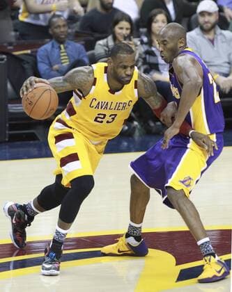 Feb. 10, 2016 - Cleveland, OH, USA - The Cleveland Cavaliers LeBron James (23) works off the dribble against the Los Angeles Lakers Kobe Bryant during the fourth quarter at Quicken Loans Arena in Cleveland on Wednesday, Feb. 10, 2016. The Cavs won, 120-111. LA Lakers at Cleveland - ZUMAm67_