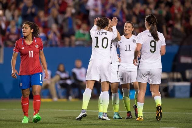 February 10, 2016: United States midfielder Carli Lloyd (10) celebrates with her team after scoring on a penalty kick during the match between the US Women s National Soccer Team and the Costa Rica Women s National Soccer Team during the CONCACAF 2016 Olympic Qualifying at Toyota Stadium, in Frisco, Texas. The US defeated Costa Rica 5-0. Soccer 2016: United States vs Costa Rica FEB 10 - ZUMAc04_
