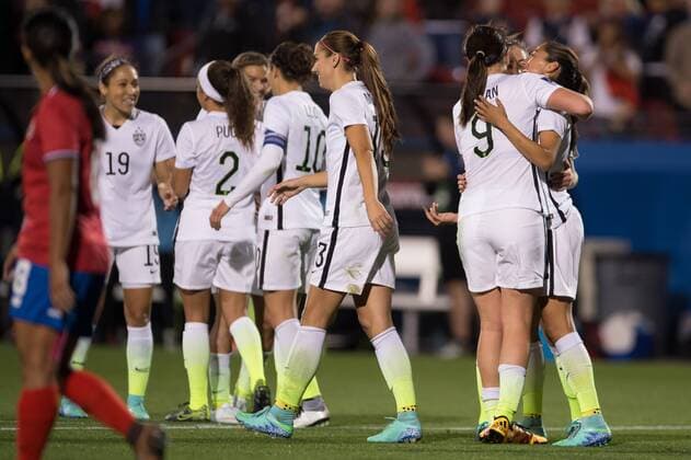 February 10, 2016: United States forward Christen Press (12) hugs United States midfielder Lindsey Horan (9) after scoring a goal during the match between the US Women s National Soccer Team and the Costa Rica Women s National Soccer Team during the CONCACAF 2016 Olympic Qualifying at Toyota Stadium, in Frisco, Texas. The US defeated Costa Rica 5-0. Soccer 2016: United States vs Costa Rica FEB 10 - ZUMAc04_