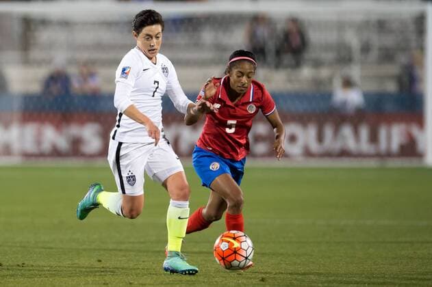 February 10, 2016: United States defender Meghan Klingenberg (7) fights with Costa Rica defender Diana SÃƒÂ¡enz (5) for the ball during the match between the US Women s National Soccer Team and the Costa Rica Women s National Soccer Team during the CONCACAF 2016 Olympic Qualifying at Toyota Stadium, in Frisco, Texas. The US defeated Costa Rica 5-0. Soccer 2016: United States vs Costa Rica FEB 10 - ZUMAc04_