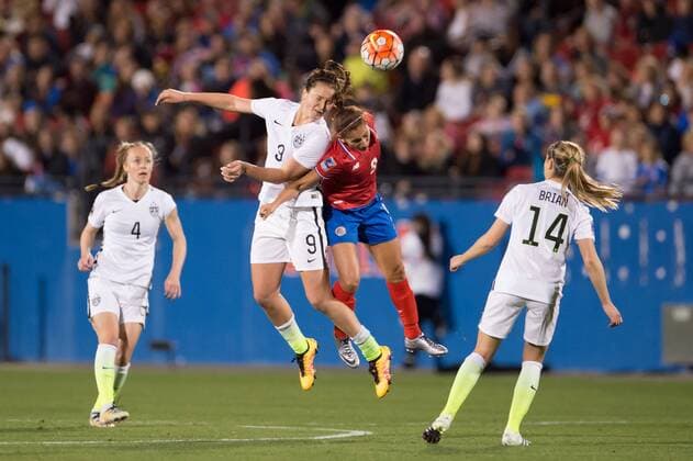 February 10, 2016: United States midfielder Lindsey Horan (9) and Costa Rica forward Carolina Venegas (9) fight for the ball during the match between the US Women s National Soccer Team and the Costa Rica Women s National Soccer Team during the CONCACAF 2016 Olympic Qualifying at Toyota Stadium, in Frisco, Texas. The US defeated Costa Rica 5-0. Soccer 2016: United States vs Costa Rica FEB 10 - ZUMAc04_