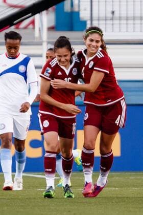 10 FEB 2016: Mexico defender Alina Garciamendez celebrates with her teammate after scoring a goal during the Women s Olympic Qualifying soccer game between Puerto Rico and Mexico national teams played at Toyota Stadium in Frisco, TX. (Photo by Andrew Dieb Icon Sportswire) SOCCER: FEB 10 Women s Olympic Qualifying - Puerto Rico v Mexico Icon160210125 EDITORIAL USE ONLY