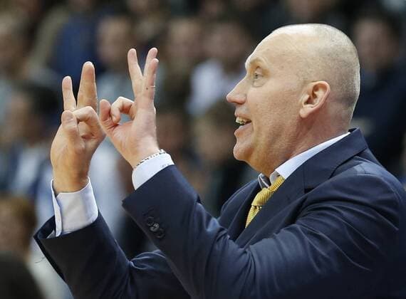 MOSCOW, RUSSIA. FEBRUARY 11, 2016. Khimki s head coach Rimas Kurtinaitis seen in the 2015 16 Season Euroleague Top 16 Group F Round 7 basketball match against Real Madrid at Dynamo Sports Palace in Krylatskoye. Real Madrid won the game 93:82. Mikhail Japaridze TASS  TS017065
