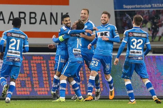 Gent s Mbark Boussoufa celebrates after scoring during the Jupiler Pro League match between KAA Gent and Mouscron-Peruwelz, in Gent, Friday 12 February 2016, on day 26 of the Belgian soccer championship. BRUNOxFAHY  x04791683x