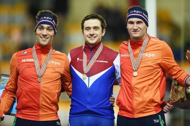 Gold medalist Russia s Denis Yuskov (C), silver medalist Kjeld Nuis (L) and bronze medalist Thomas Krol of the Netherlands pose in the awarding ceremony of the men s 1500m race at 2016 ISU World Single Distances Championships in Kolomna, Russia, on Feb. 12, 2016. ) (SP)RUSSIA-KOLOMNA Speed skating Eisschnelllauf SINGLE DISTANCE WORLD CHAMPIONSHIPS-DAY 2 EvgenyxSinitsyn 