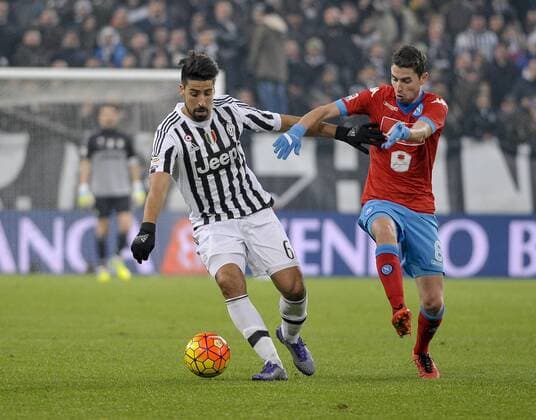 Feb. 13, 2016 - Turin, Turin, Italy - Sami Khedira (left) and Jorge Luiz Frello (also know as: Jorginho) fight for the ball during the Serie A football match between Juventus FC and SSC Napoli during the Serie A football match between Juventus FC and SSC Napoli Juventus FC wins 1-0 and goes top of Serie A. Simone Zaza is the scorer. Italy: Juventus FC v SSC Napoli - Serie A - ZUMAp133