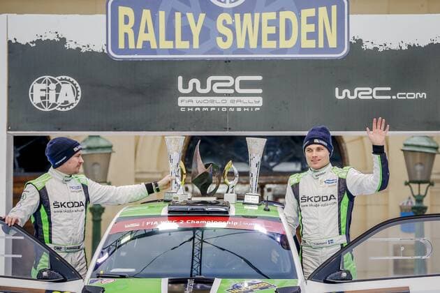 Motorsport, WRC, Rallye Schweden, Siegerehrung 160214 Pontus Tidemand med kartläsare Jonas Andersson, Å koda Motorsport, Skoda Fabia R5 vid prisutdelningen under Rally Sweden den 14 februari 2016 i Karlstad.  Copyright: ANNA-LENAxBERGQVIST BB160214BB479