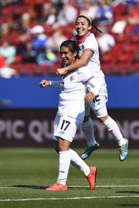 February 13, 2016: Costa Rica forward Karla Villalobos (17) with Costa Rica defender Lixy RodrÃƒÂ­guez (12) on her back celebrates after scoring a goal during the match between Costa Rica and Puerto Rico during the CONCACAF 2016 Olympic Qualifying Championship at Toyota Stadium, in Frisco, Texas. Costa Rica defeated Puerto Rico 9-0. Soccer 2016: Costa Rica vs Puerto Rico FEB 13 - ZUMAc04_