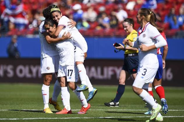 February 13, 2016: Costa Rica forward Karla Villalobos (17) with Costa Rica defender Lixy RodrÃƒÂ­guez (12) on her back celebrates after scoring a goal during the match between Costa Rica and Puerto Rico during the CONCACAF 2016 Olympic Qualifying Championship at Toyota Stadium, in Frisco, Texas. Costa Rica defeated Puerto Rico 9-0. Soccer 2016: Costa Rica vs Puerto Rico FEB 13 - ZUMAc04_