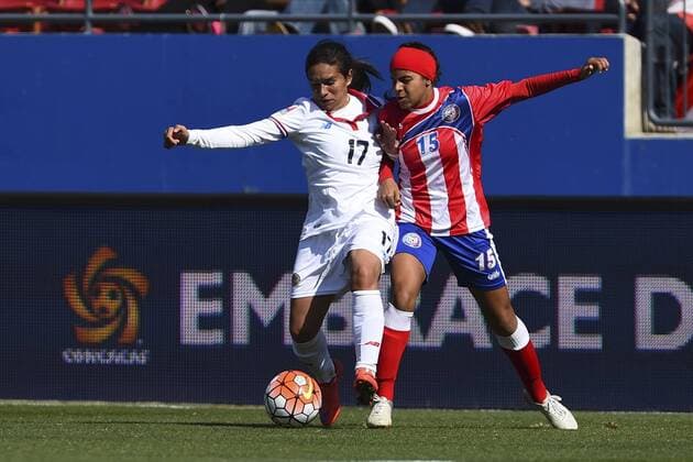 February 13, 2016: Puerto Rico forward Angela Diaz (15) and Costa Rica forward Karla Villalobos (17) fight for the ball during the match between Costa Rica and Puerto Rico during the CONCACAF 2016 Olympic Qualifying Championship at Toyota Stadium, in Frisco, Texas. Costa Rica defeated Puerto Rico 9-0. Soccer 2016: Costa Rica vs Puerto Rico FEB 13 - ZUMAc04_