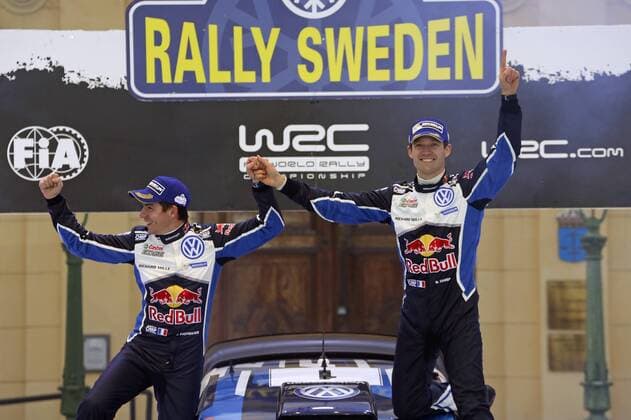 Motorsport, WRC, Rallye Schweden, Siegerehrung Sebastien Ogier (F), Julien Ingrassia (F) Volkswagen Polo R WRC Motorsport Rallye WM (2016) WRC Rally Sweden 2016 Rally Sweden 2016