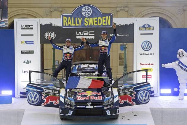 Motorsport, WRC, Rallye Schweden, Siegerehrung Sebastien Ogier (F), Julien Ingrassia (F) Volkswagen Polo R WRC Motorsport Rallye WM (2016) WRC Rally Sweden 2016 Rally Sweden 2016