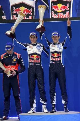 Motorsport, WRC, Rallye Schweden, Siegerehrung Julien Ingrassia (F), Sebastien Ogier (F) WRC Motorsport Rallye WM Rally Sweden 2016 Rally Sweden 2016