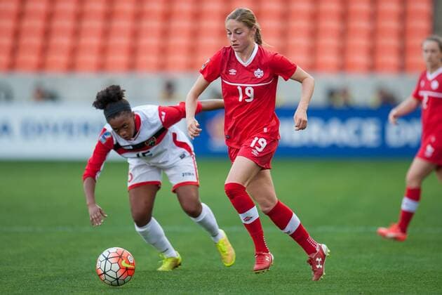 February 14, 2016: Canada forward Janine Beckie (19) controls the ball during a CONCACAF Olympic Qualifying soccer match between Canada and Trinidad & Tobago at BBVA Compass Stadium in Houston, TX. Canada won 6-0... Soccer 2016: Canada vs Trinidad & Tobago FEB 14 - ZUMAc04_