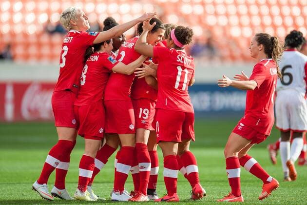 February 14, 2016: Canada forward Christine Sinclair (12) celebrates with teammates after scoring her 159th international goal to pass Mia Hamm and take 2nd place on the all time goal list during a CONCACAF Olympic Qualifying soccer match between Canada and Trinidad & Tobago at BBVA Compass Stadium in Houston, TX. Canada won 6-0... Soccer 2016: Canada vs Trinidad & Tobago FEB 14 - ZUMAc04_