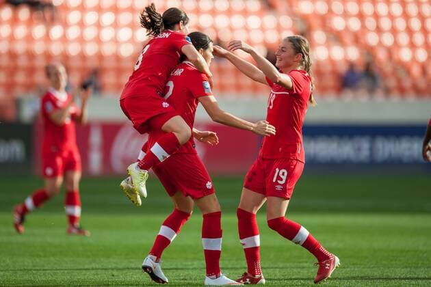 February 14, 2016: Canada forward Christine Sinclair (12) celebrates with teammates after scoring her 159th international goal to pass Mia Hamm and take 2nd place on the all time goal list during a CONCACAF Olympic Qualifying soccer match between Canada and Trinidad & Tobago at BBVA Compass Stadium in Houston, TX. Canada won 6-0... Soccer 2016: Canada vs Trinidad & Tobago FEB 14 - ZUMAc04_