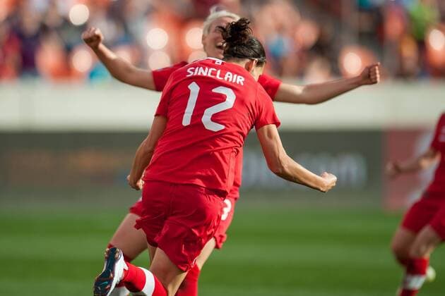 February 14, 2016: Canada forward Christine Sinclair (12) celebrates after scoring her 159th international goal to pass Mia Hamm and take 2nd place on the all time goal list during a CONCACAF Olympic Qualifying soccer match between Canada and Trinidad & Tobago at BBVA Compass Stadium in Houston, TX. Canada won 6-0... Soccer 2016: Canada vs Trinidad & Tobago FEB 14 - ZUMAc04_