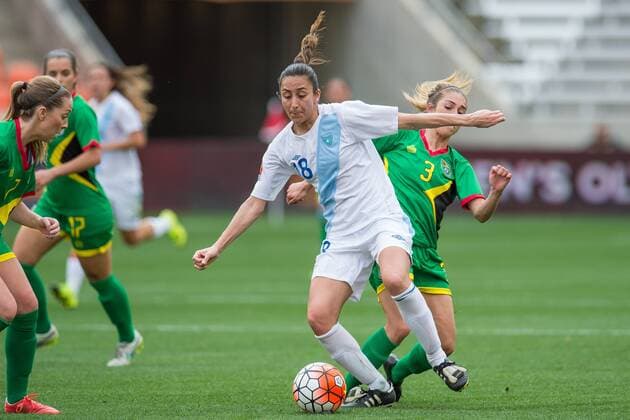 February 14, 2016: Guatemala forward Diana Barrera (18) fights for the ball against Guyana defender Briana DeSouza (3) during a CONCACAF Olympic Qualifying soccer match between Guatemala and Guyana at BBVA Compass Stadium in Houston, TX. Guyana won 2-1... Soccer 2016: Guatemala vs Guyana FEB 14 - ZUMAc04_