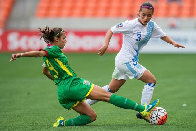 February 14, 2016: Guyana midfielder Ashley Rodrigues (9) keeps the ball away from Guatemala midfielder Marilyn Rivera (3) during a CONCACAF Olympic Qualifying soccer match between Guatemala and Guyana at BBVA Compass Stadium in Houston, TX. Guyana won 2-1... Soccer 2016: Guatemala vs Guyana FEB 14 - ZUMAc04_