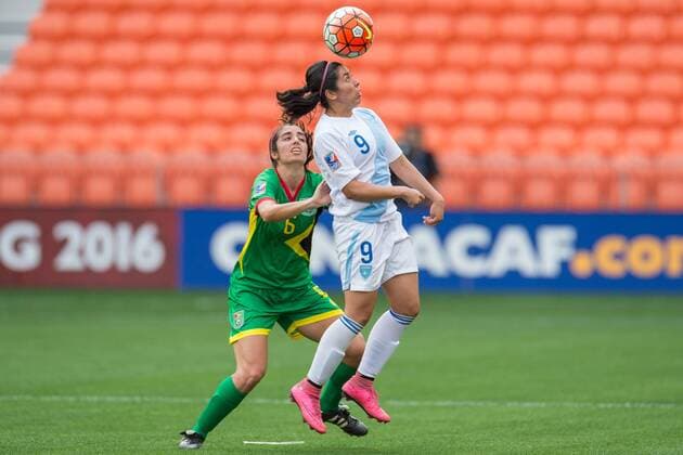 February 14, 2016: Guatemala forward Ana Lucia Martinez Martinez (9) heads the ball in front of Guyana defender Leah-Marie Ramalho (6) during a CONCACAF Olympic Qualifying soccer match between Guatemala and Guyana at BBVA Compass Stadium in Houston, TX. Guyana won 2-1... Soccer 2016: Guatemala vs Guyana FEB 14 - ZUMAc04_