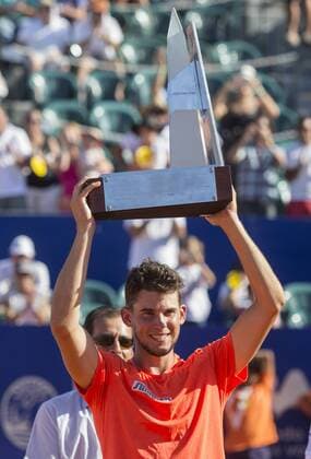 Austrian tennis player Dominic Thiem poses with his trophy during the award ceremony after the final of the ATP Tennis Herren Argentina Open against Spain s Nicolas Almagro in Buenos Aires, capital of Argentina, on Feb. 14, 2016. Dominic Thiem won 2-1 to claim the title. Martin Zabala) (vf) (ah) (SP)ARGENTINA-BUENOS AIRES-TENNIS-OPEN e MARTINxZABALA 