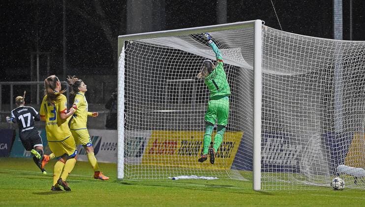 Bilder des Tages 15.02.2016, xjhx, Fussball 1.Bundesliga Damen, 1.FFC Frankfurt - TSG 1899 Hoffenheim, emspor, v.l. Mandy Islacker (1.FFC Frankfurt), Isabella Hartig (TSG Hoffenheim 1899), Martina Tufekovic (TSG Hoffenheim 1899) Goal scored, Tor zum 1:0