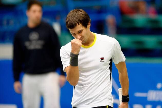 Tennis, ATP-Turnier in Breslau Breslau Tennis Challenger Tour Wroclaw Open 2016 Evgeny Donskoy radosc po wygranej  20160216_PF_PA061