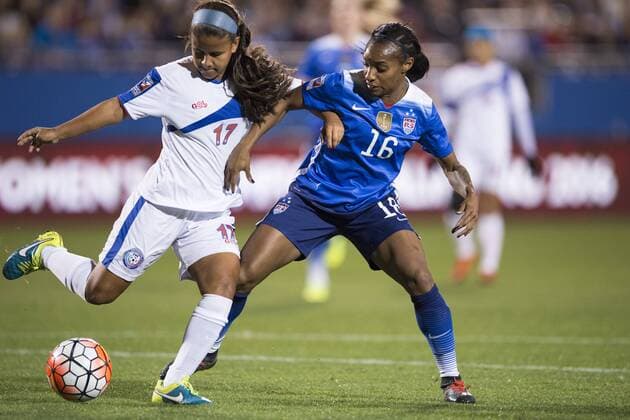 February 15, 2016: Puerto Rico defender Adriana Font (17) tries to clear the ball away from United States forward Crystal Dunn (16) during the match between the United States and the Puerto Rico during the CONCACAF 2016 Olympic Qualifying Championship at Toyota Stadium, in Frisco, Texas. The US defeated Puerto Rico 10-0. Soccer 2016: United States vs Puerto Rico FEB 15 - ZUMAc04_