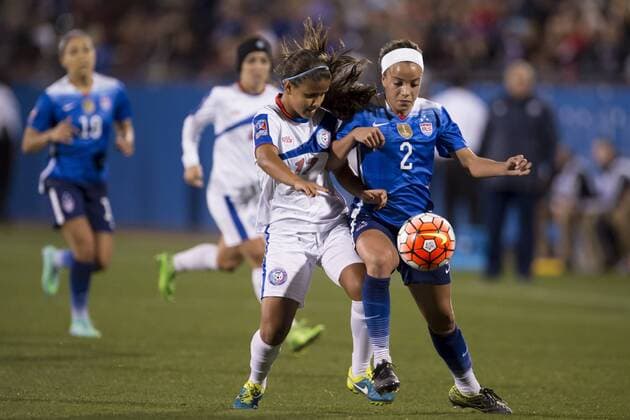 February 15, 2016: Puerto Rico defender Adriana Font (17) and United States forward Mallory Pugh (2) battle for the ball during the match between the United States and the Puerto Rico during the CONCACAF 2016 Olympic Qualifying Championship at Toyota Stadium, in Frisco, Texas. The US defeated Puerto Rico 10-0. Soccer 2016: United States vs Puerto Rico FEB 15 - ZUMAc04_