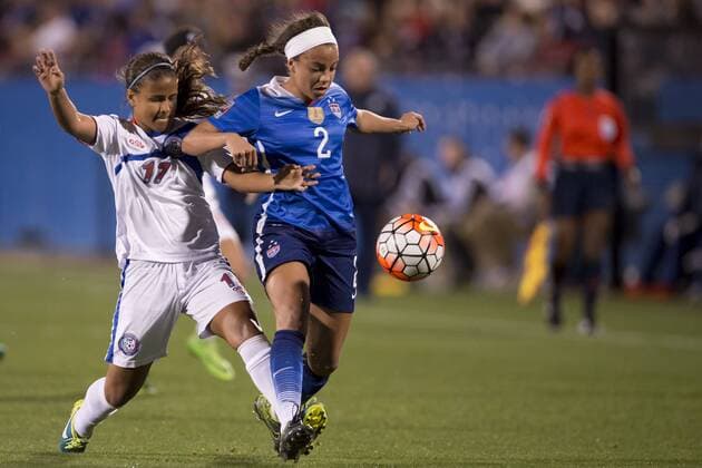 February 15, 2016: Puerto Rico defender Adriana Font (17) and United States forward Mallory Pugh (2) battle for the ball during the match between the United States and the Puerto Rico during the CONCACAF 2016 Olympic Qualifying Championship at Toyota Stadium, in Frisco, Texas. The US defeated Puerto Rico 10-0. Soccer 2016: United States vs Puerto Rico FEB 15 - ZUMAc04_