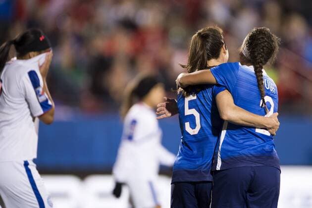 February 15, 2016: United States defender Kelley O hara (5) and United States forward Mallory Pugh (2) hug after scoring a goal during the match between the United States and the Puerto Rico during the CONCACAF 2016 Olympic Qualifying Championship at Toyota Stadium, in Frisco, Texas. The US defeated Puerto Rico 10-0. Soccer 2016: United States vs Puerto Rico FEB 15 - ZUMAc04_