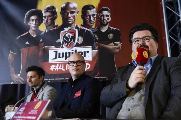 Korneel Warlop, Manager External Communication BeLux & Global at Anheuser-Busch InBev and Filip Van Doorslaer, Director Marketing and Events Royal Belgian Football Association pictured during a press conference PK Pressekonferenz of AB InBev on the 25 years of partnership between famous Belgian beer Jupiler and the Red Devils national soccer team, Wednesday 17 February 2016 in Brussels. DIRKxWAEM  x04794390x