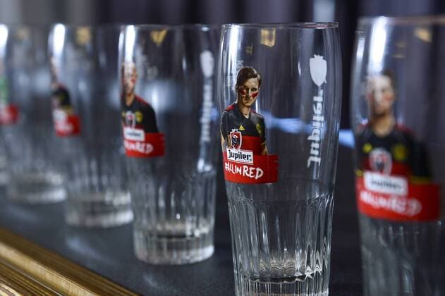 Beer glasses with Red Devils pictured at a press conference PK Pressekonferenz of AB InBev on the 25 years of partnership between famous Belgian beer Jupiler and the Red Devils national soccer team, Wednesday 17 February 2016 in Brussels. DIRKxWAEM  x04794387x