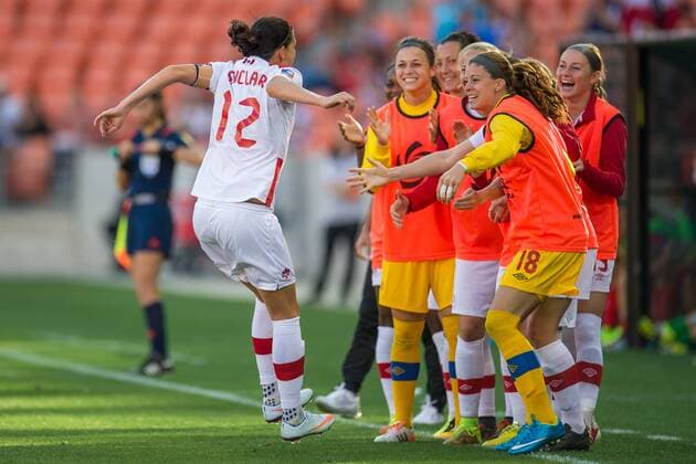 February 19, 2016: Canada forward Christine Sinclair (12) celebrates her goal with teammates in the 1st half of a semi-final CONCACAF Olympic Qualifying soccer match between Canada and Costa Rica at BBVA Compass Stadium in Houston, TX. .. Soccer 2016: Canada vs Costa Rica FEB 19 - ZUMAc04_