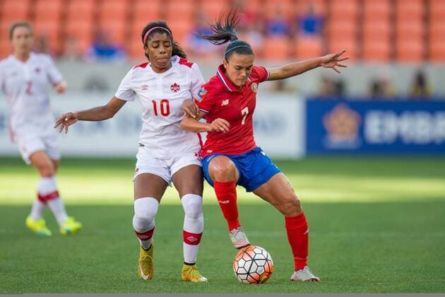 February 19, 2016: Costa Rica forward Melissa Herrera (7) and Canada midfielder Ashley Lawrence (10) battle for the ball during a semi-final CONCACAF Olympic Qualifying soccer match between Canada and Costa Rica at BBVA Compass Stadium in Houston, TX. .. Soccer 2016: Canada vs Costa Rica FEB 19 - ZUMAc04_