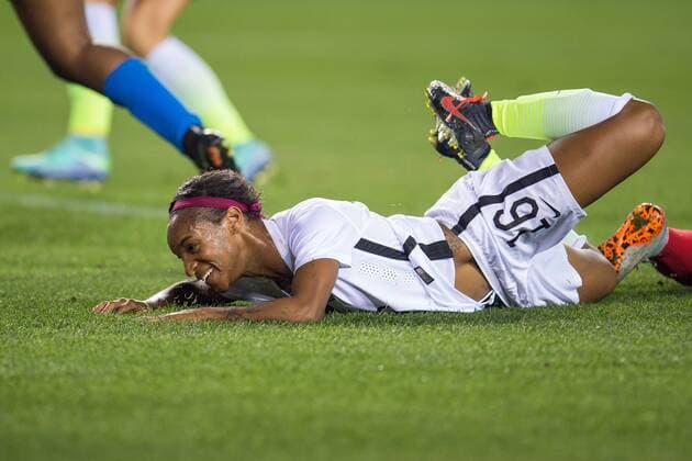 February 19, 2016: United States forward Crystal Dunn (16) smiles after missing a shot during a semi-final CONCACAF Olympic Qualifying soccer match between the USA and Trinidad & Tobago at BBVA Compass Stadium in Houston, TX. USA won 5-0 and earned a spot in the Summer Olympics... Soccer 2016: Trinidad & Tobago vs USA FEB 19 - ZUMAc04_