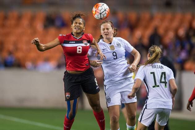 February 19, 2016: Trinidad & Tobago midfielder Victoria Swift (8) and United States midfielder Lindsey Horan (9) battle for a header during a semi-final CONCACAF Olympic Qualifying soccer match between the USA and Trinidad & Tobago at BBVA Compass Stadium in Houston, TX. USA won 5-0 and earned a spot in the Summer Olympics... Soccer 2016: Trinidad & Tobago vs USA FEB 19 - ZUMAc04_