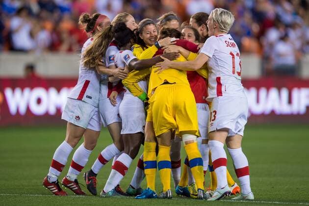 February 19, 2016: Team Canada celebrates a victory after a semi-final CONCACAF Olympic Qualifying soccer match between Canada and Costa Rica at BBVA Compass Stadium in Houston, TX. .. Soccer 2016: Canada vs Costa Rica FEB 19 - ZUMAc04_