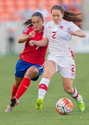 19 February 2016: Costa Rica Forward Melissa Herrera (7) and Canada Defender Allysha Chapman (2) during the Women s Olympic semi-final qualifying game between Canada and Costa Rica at BBVA Compass Stadium in Houston, Texas. (Photograph by Leslie Plaza Johnson Icon Sportswire) SOCCER: FEB 19 Women s Olympic Qualifying - Semifinal - Canada v Costa Rica Icon16021912 EDITORIAL USE ONLY