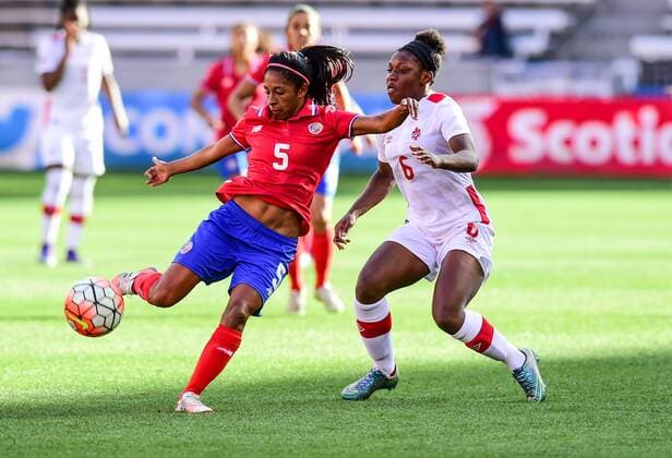 19 FEB 2016: Costa Rica Defender Diana Saenz (5) looks to pass while Canada Forward Deanne Rose Scarborough (6) defends during the Women s Olympic qualifying soccer match between Canada and Costa Rica at BBVA Compass Stadium in Houston, Texas. (Photo by Ken Murray Icon Sportswire) SOCCER: FEB 19 Women s Olympic Qualifying - Semifinal - Canada v Costa Rica Icon160219004 EDITORIAL USE ONLY