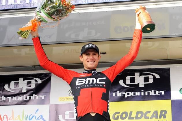 Tejay VAN GARDEREN ( USA BMC Racing Team ) gewinnt das Einzelzeitfahren der Andalusien Rundfahrt 2016 - Siegerehrung - Ehrung - Auszeichnung - Zeremonie - Zelebrierung - Ceremony - Jubel - Freude - Emotionen - Mimik - Gestik - Querformat - quer - horizontal - Event Veranstaltung: 62. Vuelta Ciclista a Andalucia Ruta del Sol - Stage 4 4.Etappe: Alhaurin de la Torre nach Alhaurin de la Torre 21.0 km I.T.T. Einzelzeitfahren - Location Ort: Alhaurin de la Torre - Andalusien - Spain - Spanien - Europe - Europa - Date Datum: 20.02.2016
