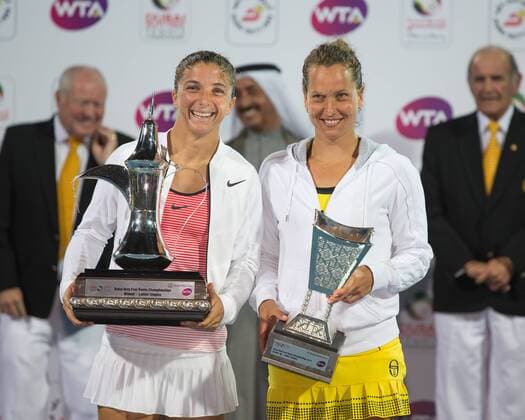 Siegerin Sara Errani (ITA) und Finalistin Barbora Strycova (CZE) mit dem Pokal, Endspiel,Siegerehrung, Tennis - Dubai Tennis Championships 2016 - WTA Tennis Damen - Dubai Duty Free Tennis Stadium - Dubai - - United Arab Emirates - 20 February 2016.