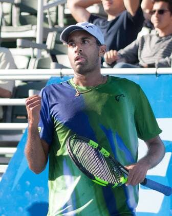 Feb. 20, 2016 - Delray Beach, Florida, US - American RAJEEV RAM, fist clenched in victory, after upsetting fourth seed Bulgarian GRIGOR DIMITROV 6-4, 6-3 in the semi-finals of the ATP Tennis Herren World Tour Delray Beach Open in Delray Beach, Florida. ATP World Tour Delray Beach Open - ZUMAd84_