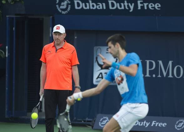 Boris Becker mit Novak Djokovic Training Tennis - Dubai Duty Free Tennis Championships - ATP Tennis Herren - - Dubai - - United Arab Emirates - 21 February 2016. Â