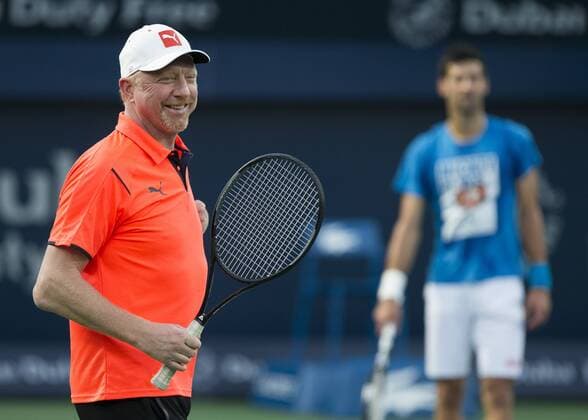 Bilder des Tages - Sport Novak Djokovic mit Boris Becker, Training Tennis - Dubai Duty Free Tennis Championships - ATP Tennis Herren - - Dubai - - United Arab Emirates - 21 February 2016. Â