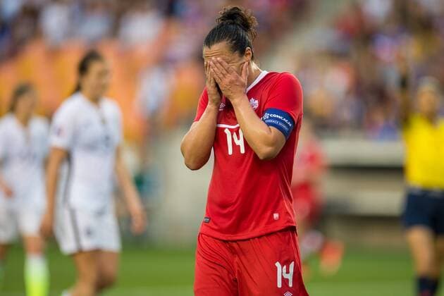 Fußball, Damen, Olympia Quali, USA gewinnt CONCACAF-Finale gegen Kanada February 21, 2016: Canada forward Melissa Tancredi (14) reacts after missing a goal during the Final match of the CONCACAF Olympic Qualifying tournament between Canada and the USA at BBVA Compass Stadium in Houston, TX. USA won 2-0... Soccer 2016: Canada vs USA FEB 21 - ZUMAc04_