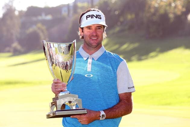 February 21, 2016 Bubba Watson poses with the winners trophy after winning the Northern Trust Open at Riviera Country Club in Pacific Palisades, California. PGA Golf Herren 2016: Northern Trust Open FEB 21 - ZUMAcb8_